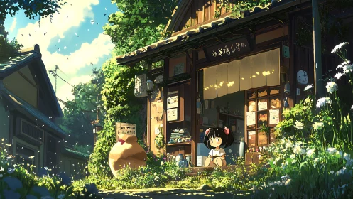 Young girl outside quiet rural Japanese corner shop.