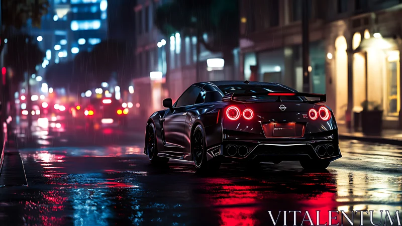 Midnight sports car on neon city street in the rain.