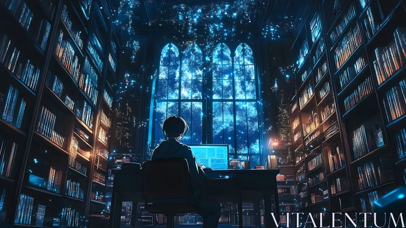 Digital painting of nocturnal library workstation interior.