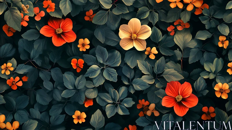 Dense floral canopy renders warm blossoms against cool foliage