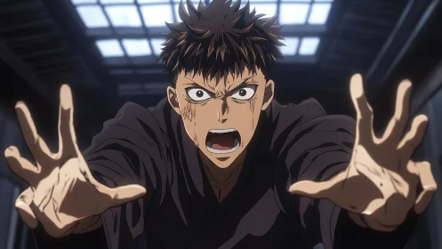 Dynamic anime close-up captures intense forward lunge gesture