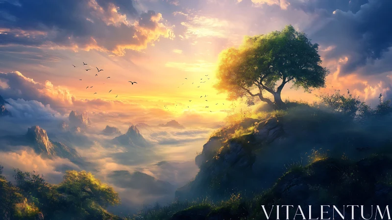 Lone sunlit tree above luminous cloud sea at sunrise.