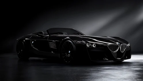 Sleek black roadster glowing under soft studio lights.