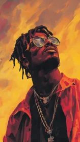 Stylized portrait shows confident man under burning sky