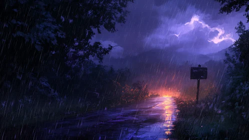 Stormlit rural road with neon dusk reflections in rainstorm.