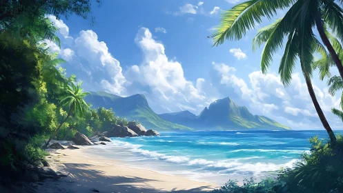 Tropical Coastal Paradise with Emerald Mountains and Pristine Beach