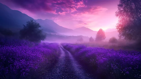Mountain path cuts through dense purple flowers at sunset