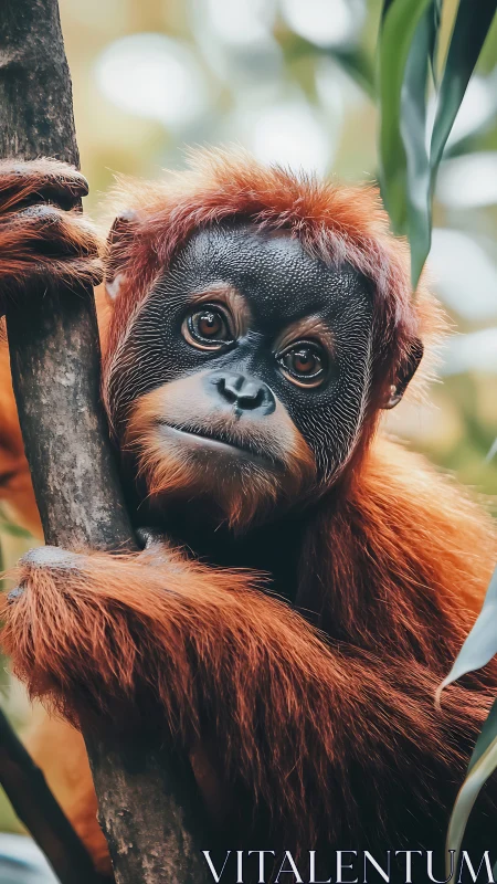 Close-up portrait of juvenile orangutan clinging to tree trunk