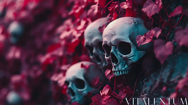 Skulls entwined with crimson ivy in eerie shallow focus.