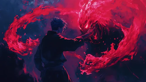 Male figure confronting red energy creature in darkness.
