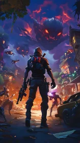 Armed lone soldier confronting fiery astral demon swarm at dusk