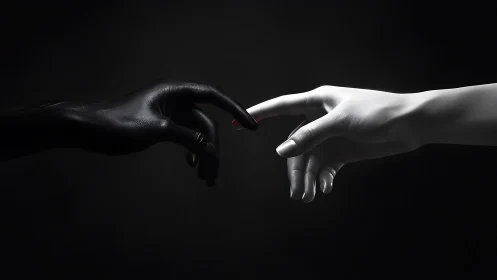 Two Hands Nearly Touching in Dramatic Monochromatic Light.