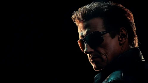 Cybernetic tough figure wears dark shades in harsh rim light