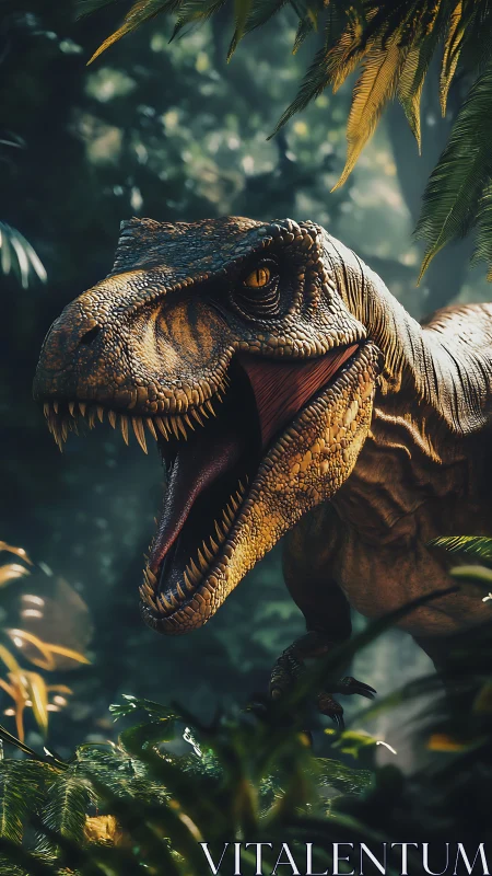 Predatory dinosaur roars through dense jungle light.