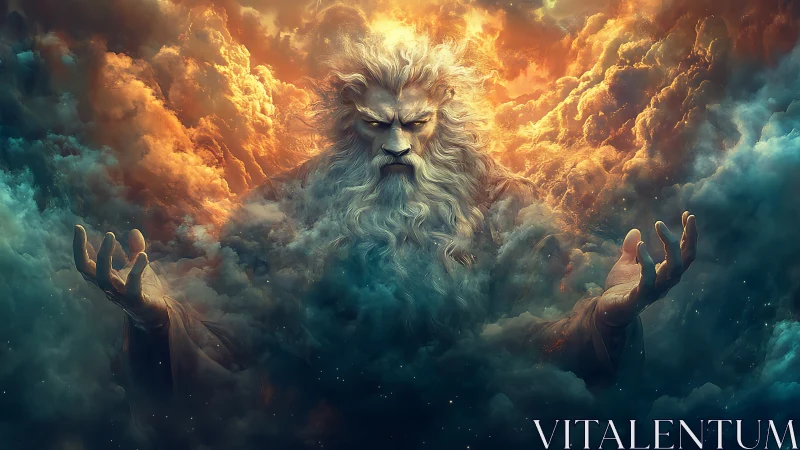 Storm crowned sky guardian rises from swirling cosmic clouds