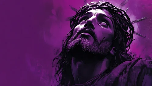 Chromatic devotional portrait with thorn-crowned upward gaze.