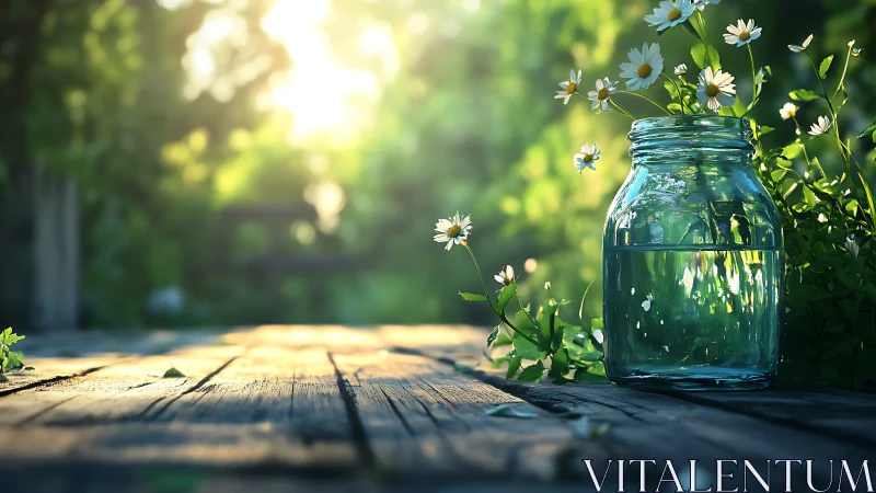 Sunlit daisies rest in a glass jar on a rustic garden table.