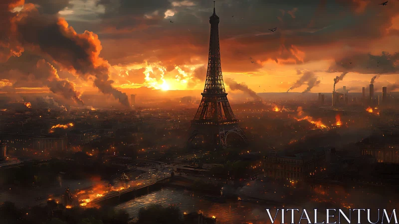 Eiffel Tower over burning Paris under dramatic war sky.