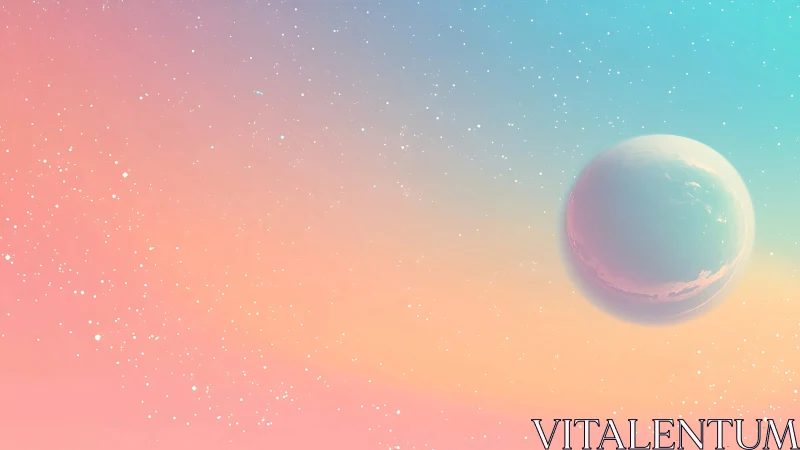 Dreamy pastel planet drifting through a soft cosmic sky.