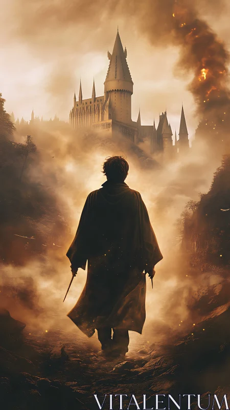 Cinematic digital painting of lone mage before stormed citadel.