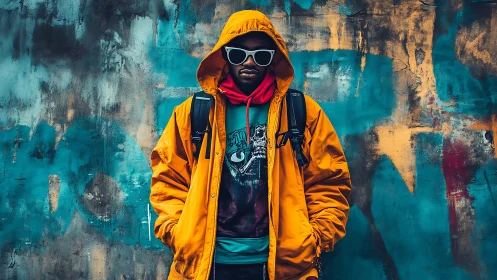 Hooded streetwear figure stands against weathered teal graffiti wall