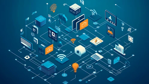 Isometric network of digital devices and data icons.