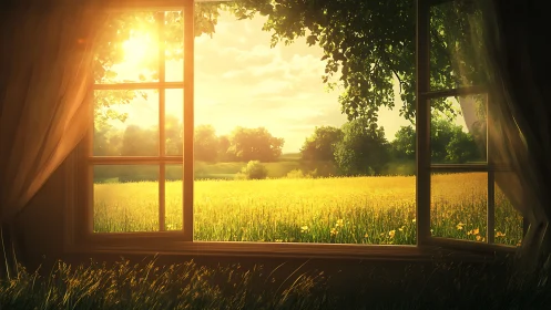Sunlit rural field viewed through open window frame.