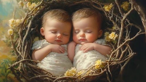 Twin Cherubs Dream in Nature's Woven Cradle