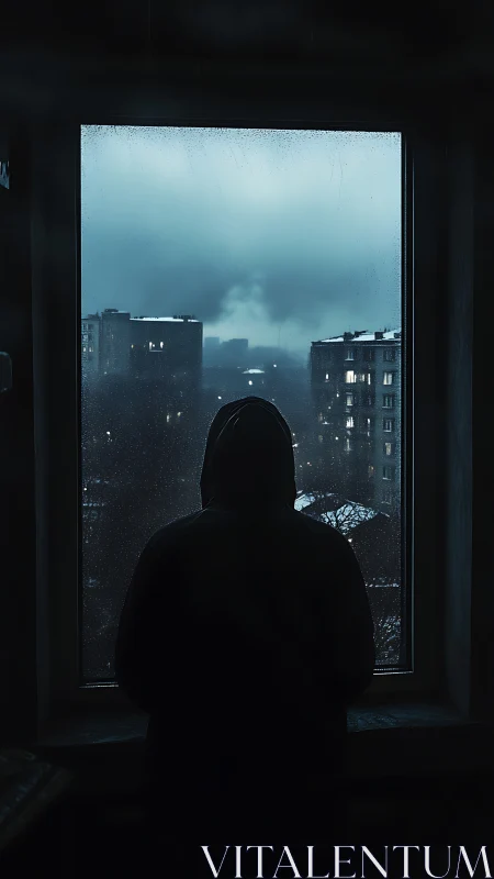 Silhouetted hooded figure at rain-soaked urban window at dusk