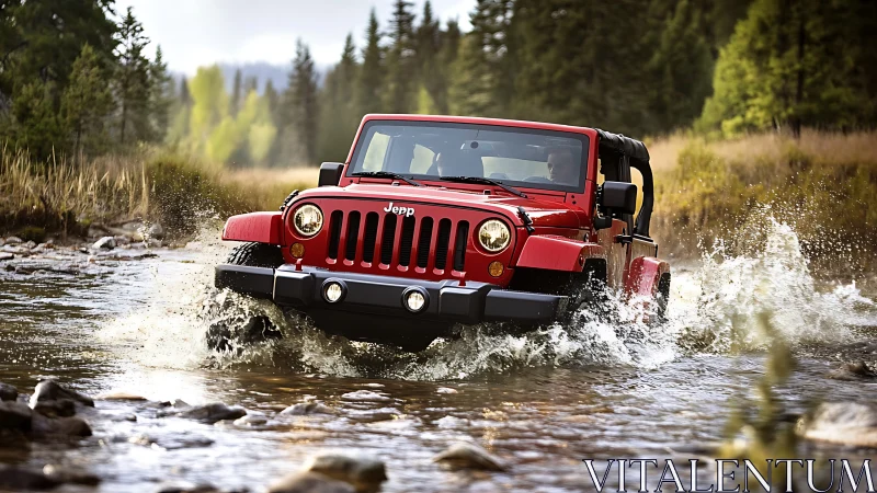 Bold red off road jeep splashes confidently through a river