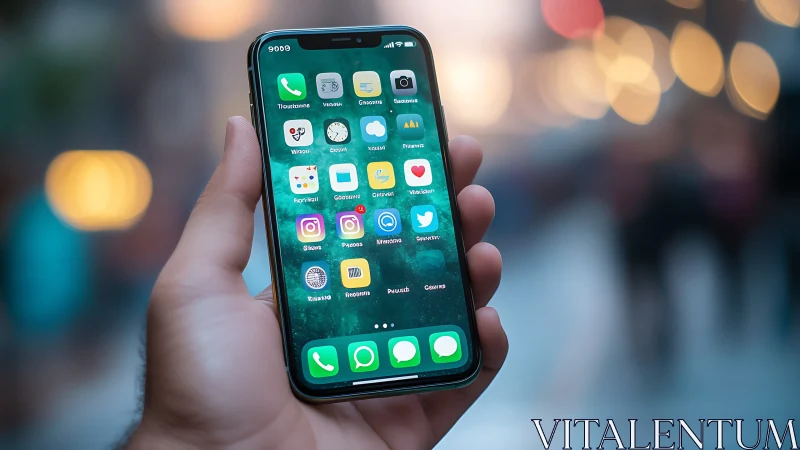 Close-up smartphone in hand with bokeh city background, portrait