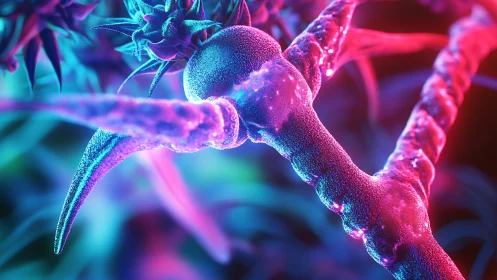 3D bioluminescent tendril macro with neon gradient lighting.