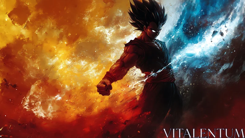 Warrior ignites twin storms of fire and ice in cosmic clash.