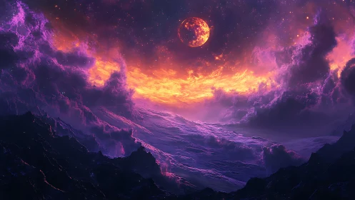 Lunar body over abstract violet terrain and cloud bands.