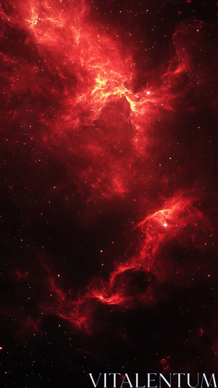 Crimson interstellar nebula cloud across deep black void.