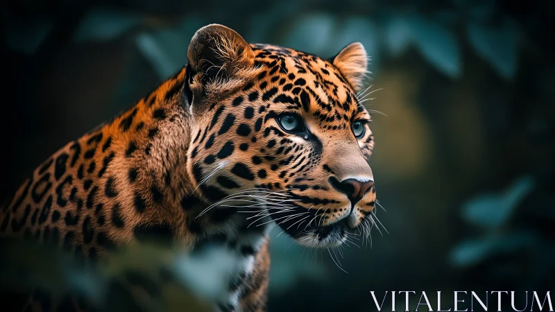 Spotted leopard portrait in dense green jungle environment.