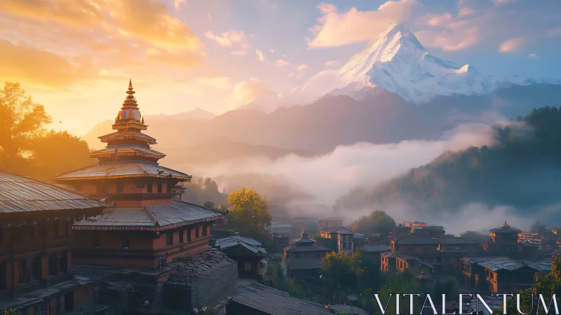Sunrise over a misty mountain town and temple roofs.