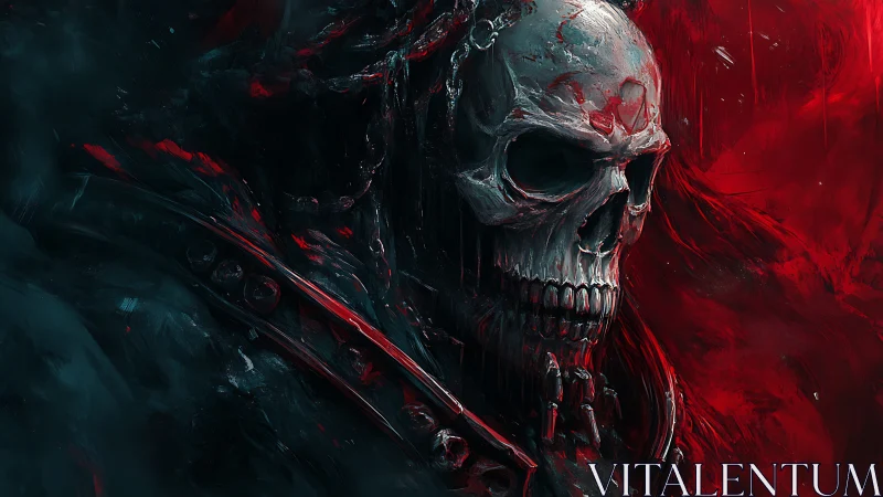 Skull-like figure rendered in red and dark tones with high contrast
