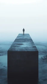 Solitary figure stands on long dark platform over water.