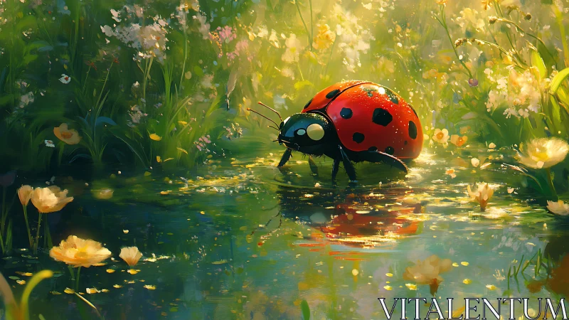 Macroscale ladybug crossing reflective spring meadow pond