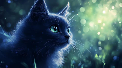 Blue Cat with Luminous Eyes in Glowing Forest