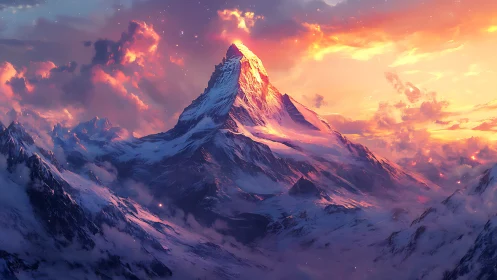 Snow covered mountain peak under vivid sunset sky.
