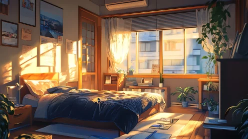 Sunlit bedroom interior with plants and soft bedding.