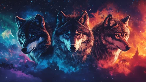 Triadic spectral wolves in dual chromatic nebula field.