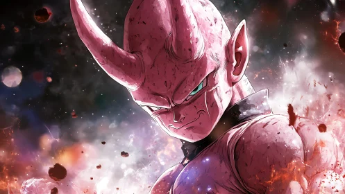 Pink horned humanoid character in cosmic battle setting.