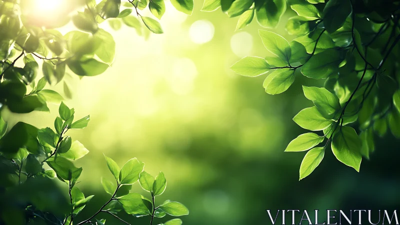 Sunlit Green Leaves in Nature, Soft Focus Botanical Style.