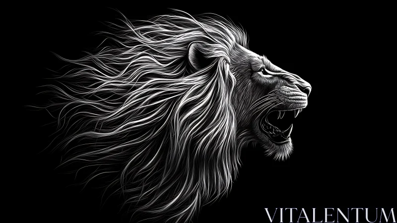Monochrome vector lion profile renders dynamic flowing mane