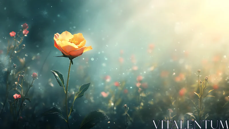 Golden Rose in Bokeh Field: Soft-Focus Floral Composition with Warm Backlighting