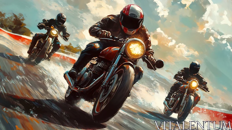 Motorcycle racers storm wet track in dynamic digital art.