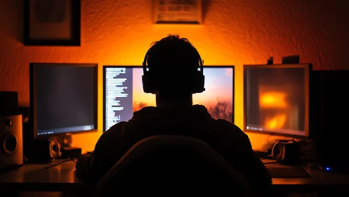 Silhouetted programmer at triple monitors in warm orange glow.